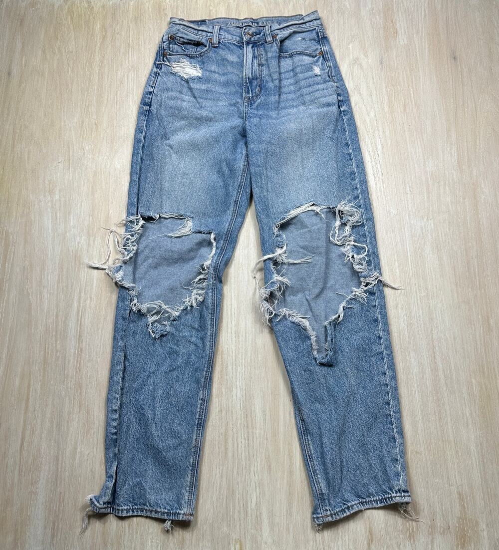 American Eagle Highest Rise Baggy Straight Jeans Distressed Ripped Blue Casual 4
